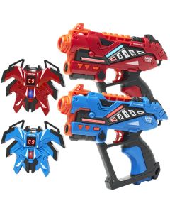 2 KidsTag Recharge P2 laserguns + 2 display vesten rood/blauw
